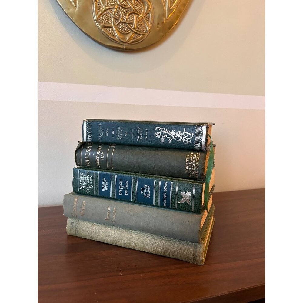 Vintage Decor Stack of 5 Green Hard Covered Vtg Books Wedding Movie Prop Staging